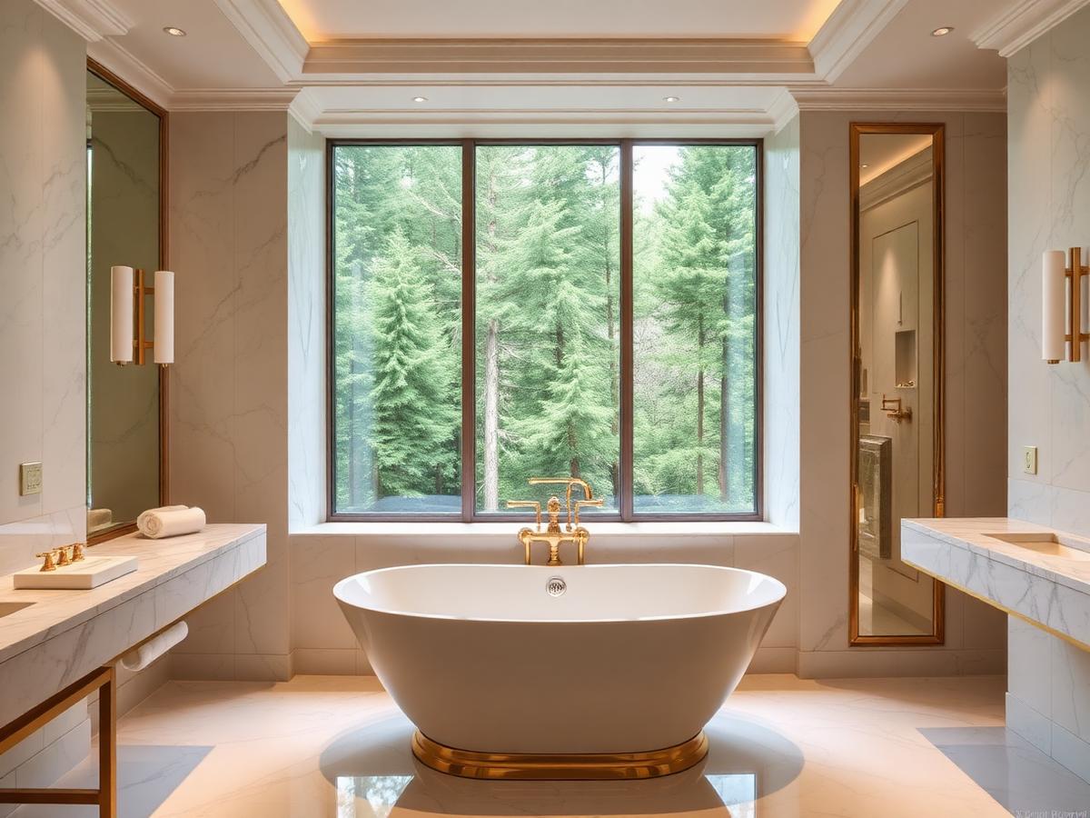 Marble suite bathroom with forest window