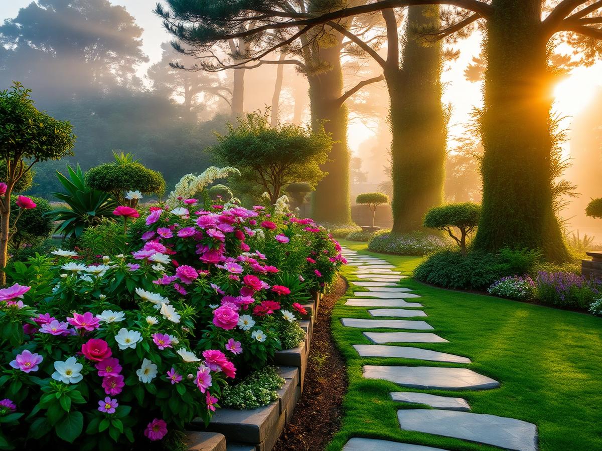 Landscaped gardens in morning mist